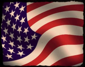 Waving American flag with stars and stripes.