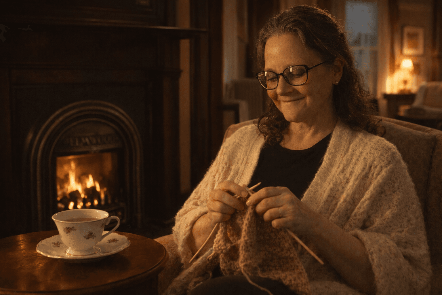 A woman in glasses smiles while knitting by a cozy fireplace with a cup of tea nearby.