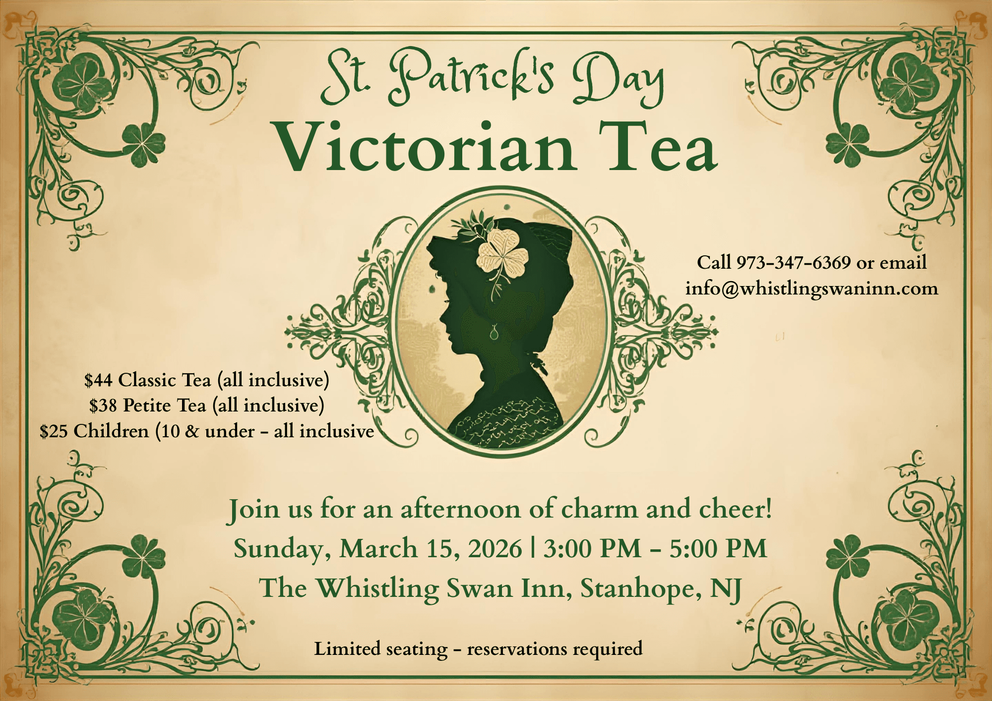 Event flyer for a St. Patrick's Day Victorian Tea at The Whistling Swan Inn on March 15, 2026, featuring pricing details and contact information.