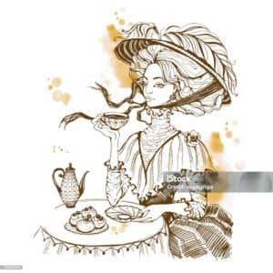 A vintage illustration of a woman in period dress sipping tea at a table with a teapot and cookies.