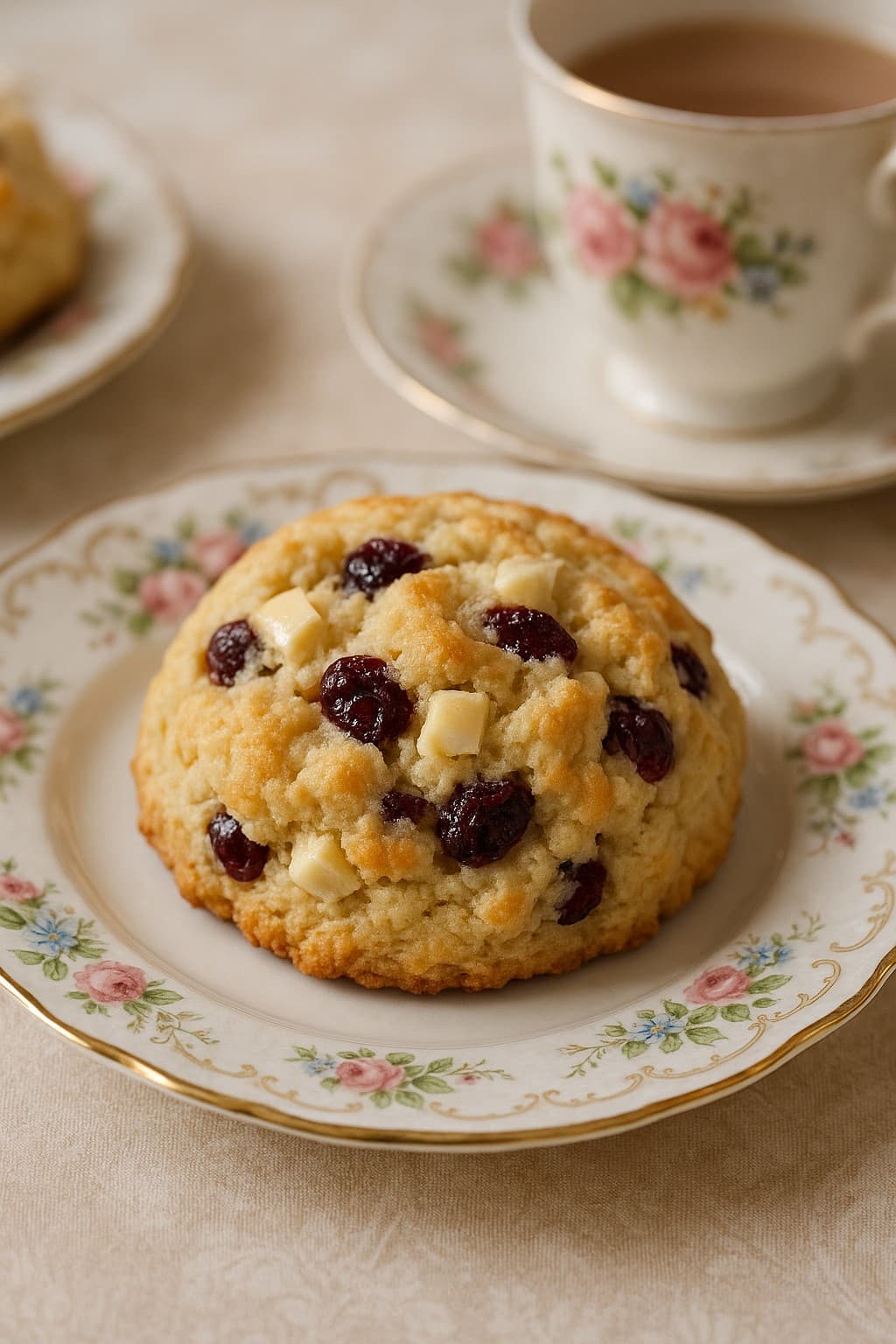 A round scone topped with white chocolate and dried cranberries on a floral plate next to a cup of tea. A round scone topped with white chocolate and dried cranberries on a floral plate next to a cup of tea.
