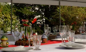 A beautifully set outdoor dining table with crystal glassware and floral decorations under a canopy.