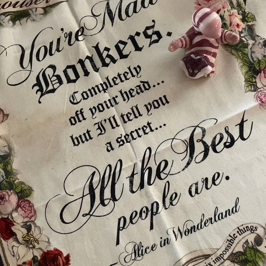 A decorative fabric featuring the quote "You're Mad, Bonkers. Completely off your head... but I'll tell you a secret... All the Best people are." from Alice in Wonderland, alongside a small figurine.