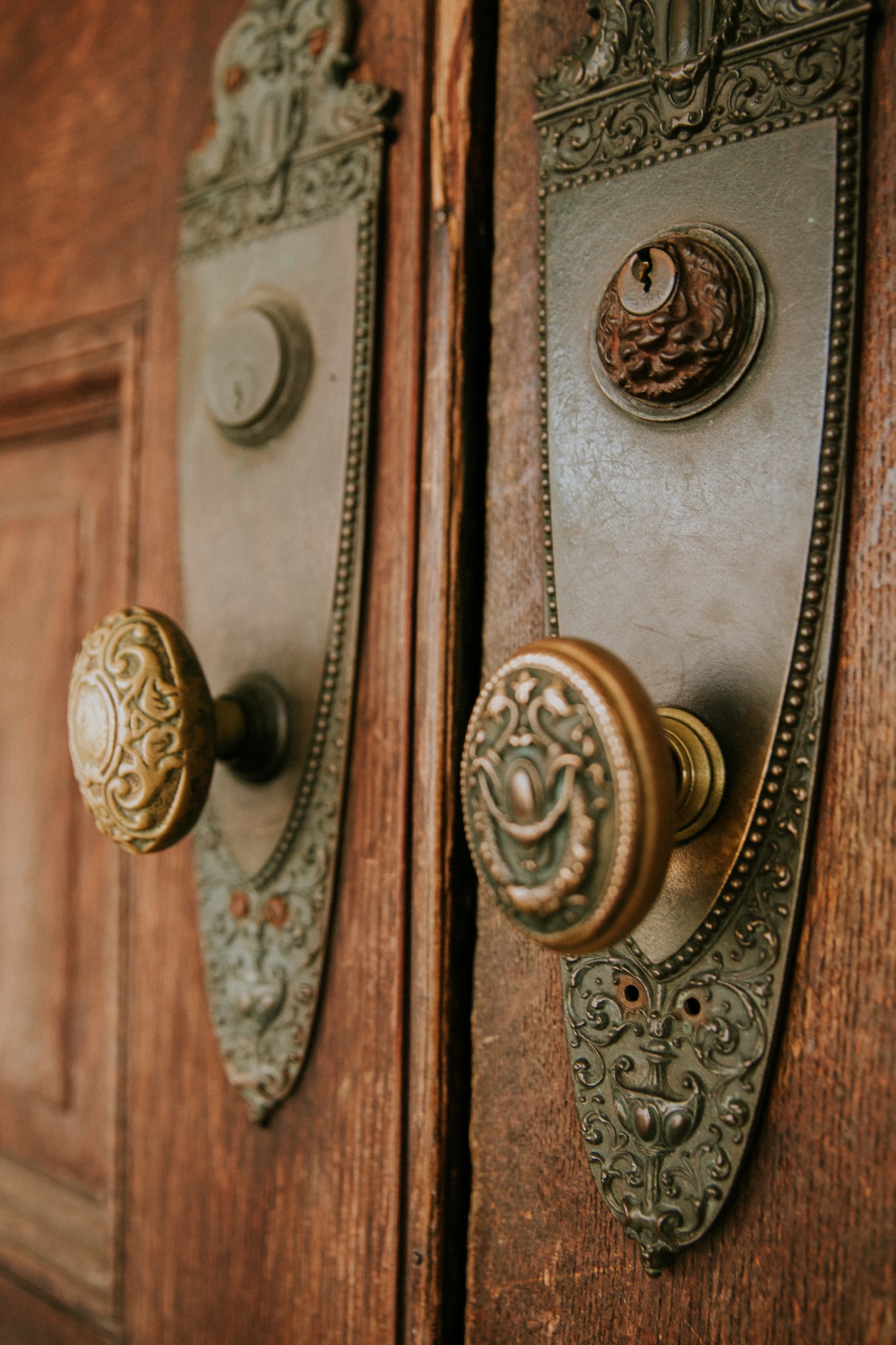 Close-up of two ornate door handles on a wooden door.