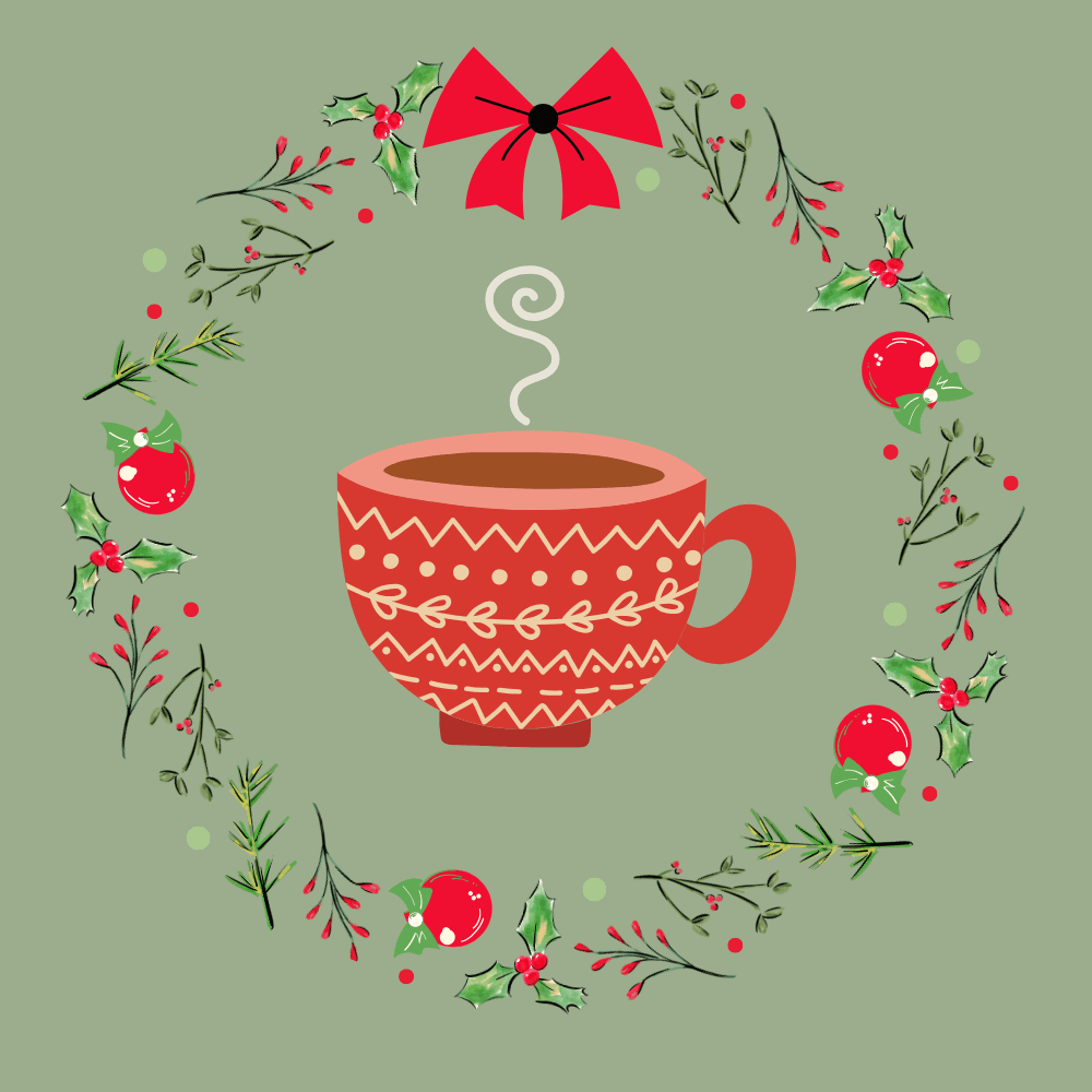 A decorative red mug with steam surrounded by a festive wreath of holly and berries.
