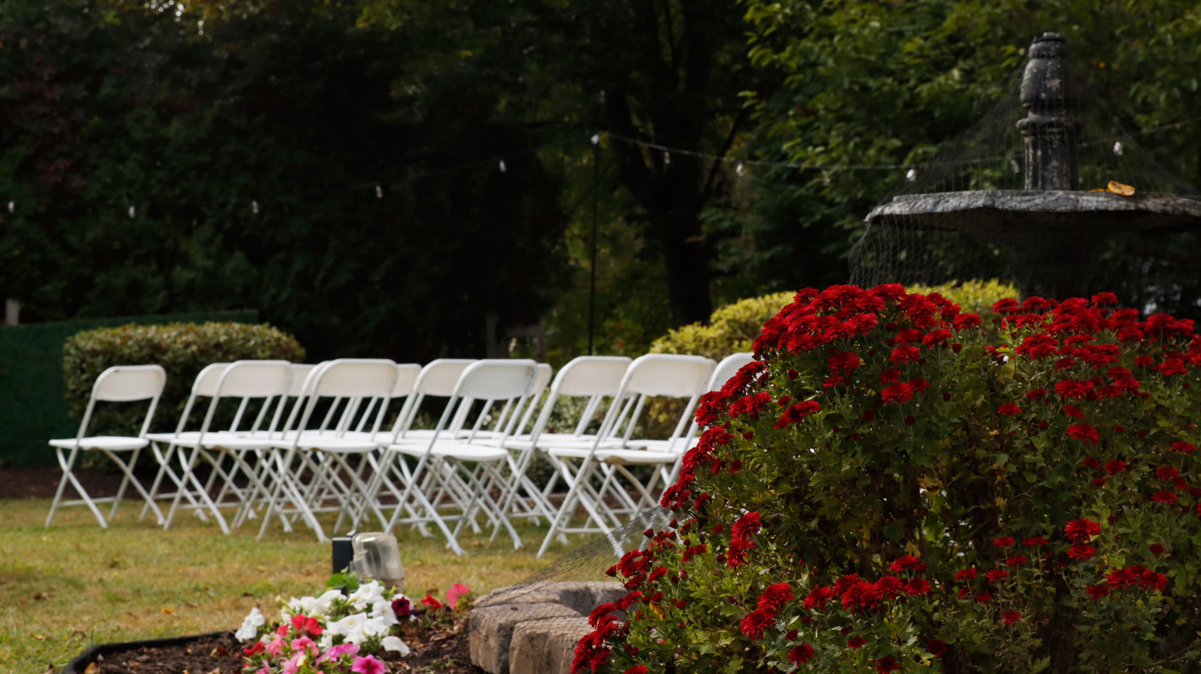 A row of white folding chairs is set up beside a flowerbed filled with red blooms and a stone fountain.