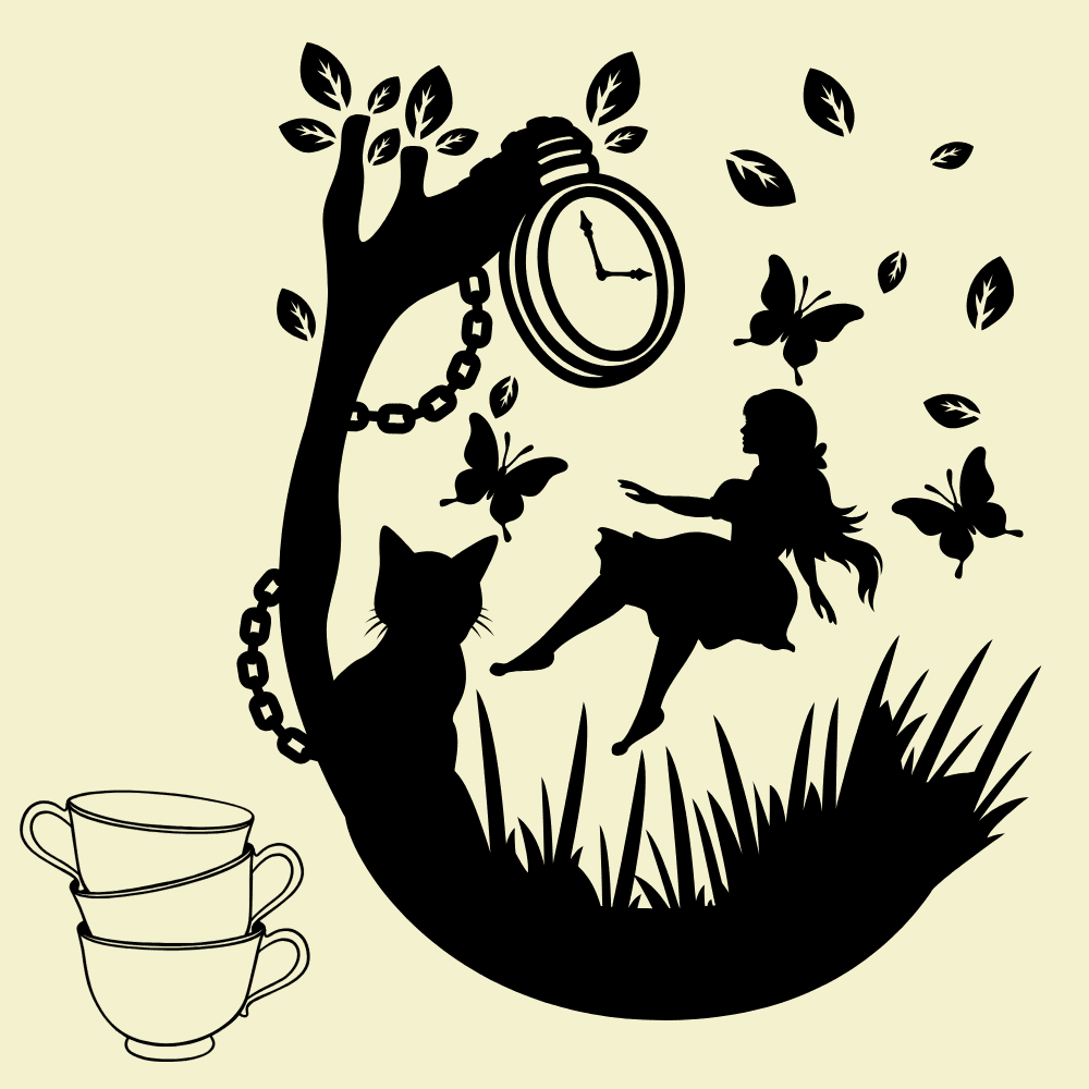 A silhouette of a girl sitting on grass with butterflies, a cat, a pocket watch, and stacked teacups.