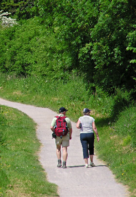 Two hikers walking along a paved trail surrounded by lush trees