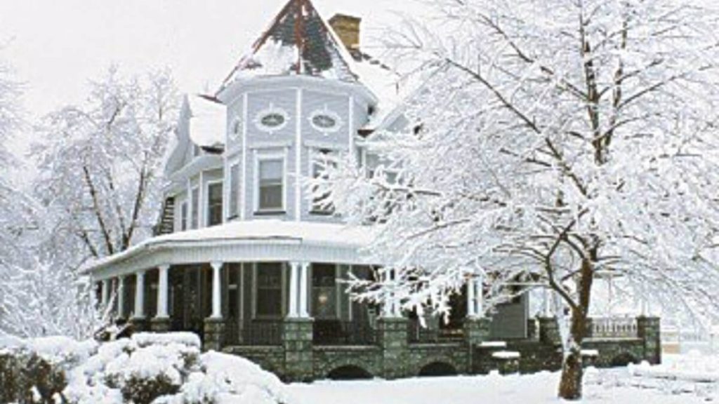 The front of the Whistling Swan Inn after a snowstorm.